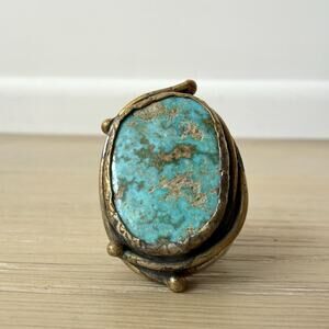 Turquoise Silver And Brass Ring Artisan Made Sz 9 Southwest Cowgirl Boho Rustic